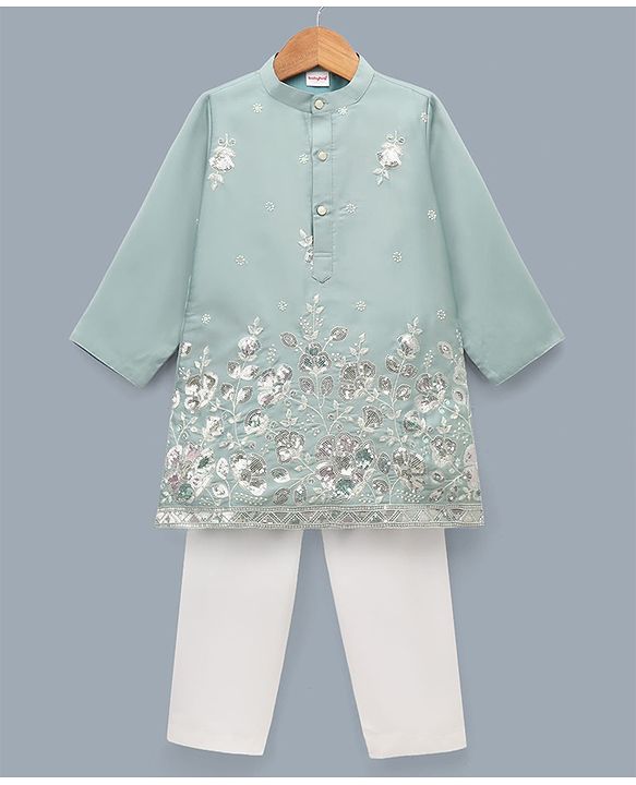 Babyhug Woven Full Sleeves Floral Embroidered & Sequin Detailing Kurta Pyjama Set - Sea Green