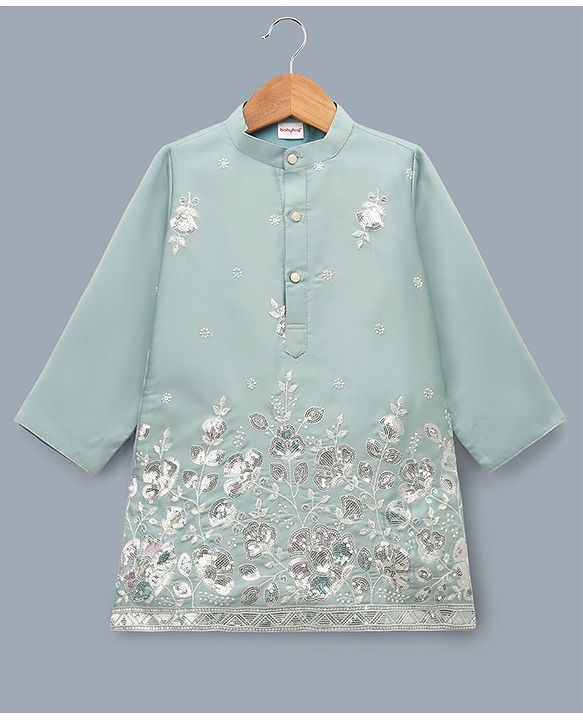 Babyhug Woven Full Sleeves Floral Embroidered & Sequin Detailing Kurta Pyjama Set - Sea Green