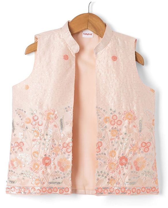 Babyhug Woven Solid Kurta Pyjama Set With Floral Sequin Embroidered Jacket - Peach