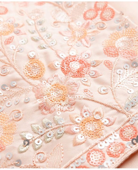 Babyhug Woven Solid Kurta Pyjama Set With Floral Sequin Embroidered Jacket - Peach