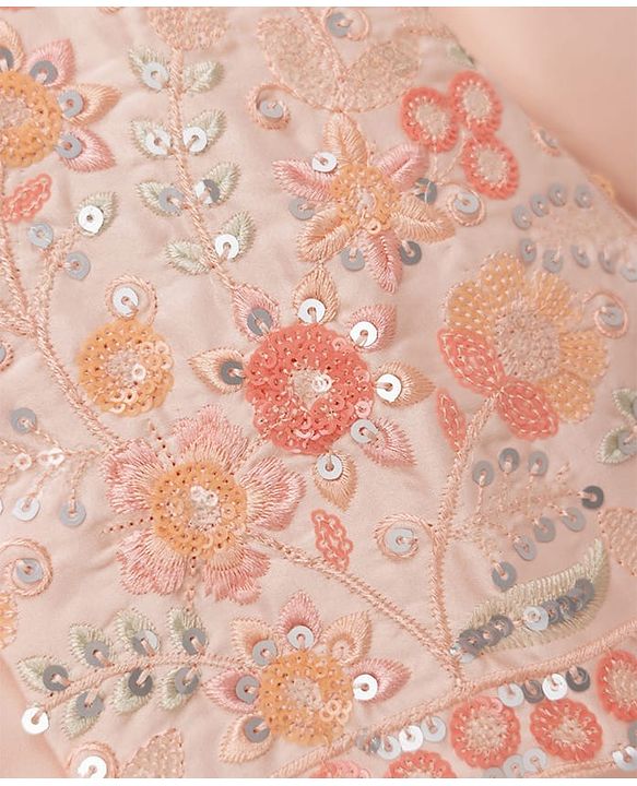 Babyhug Woven Solid Kurta Pyjama Set With Floral Sequin Embroidered Jacket - Peach