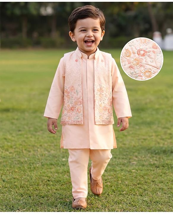 Babyhug Woven Solid Kurta Pyjama Set With Floral Sequin Embroidered Jacket - Peach