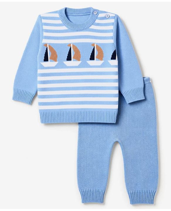 Babyhug Knit Full Sleeves Sweater Set with Stripes & Boat Design - Light Blue