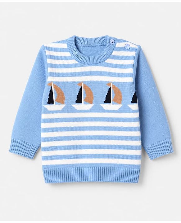 Babyhug Knit Full Sleeves Sweater Set with Stripes & Boat Design - Light Blue