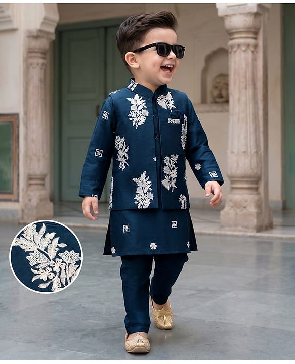 Babyhug Woven Full Sleeves Floral Embroidered Kurta & Pyjama Set With Jacket - Teal Blue