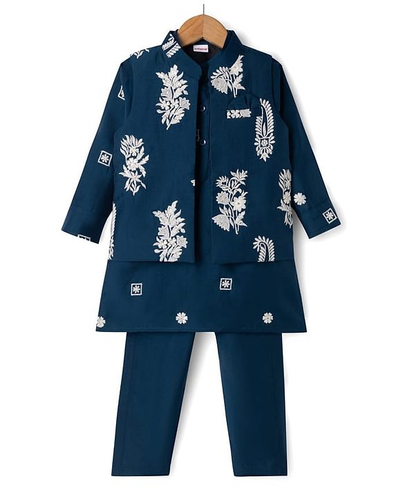 Babyhug Woven Full Sleeves Floral Embroidered Kurta & Pyjama Set With Jacket - Teal Blue