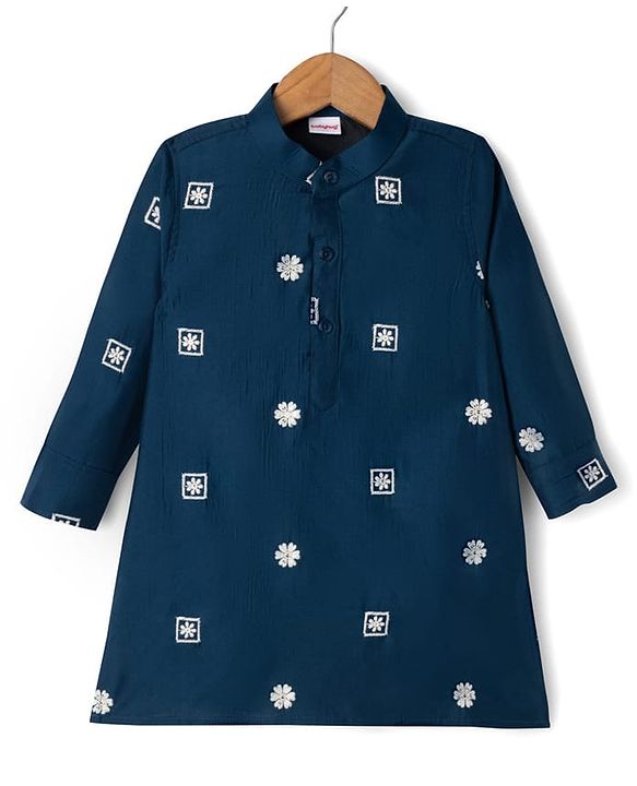 Babyhug Woven Full Sleeves Floral Embroidered Kurta & Pyjama Set With Jacket - Teal Blue