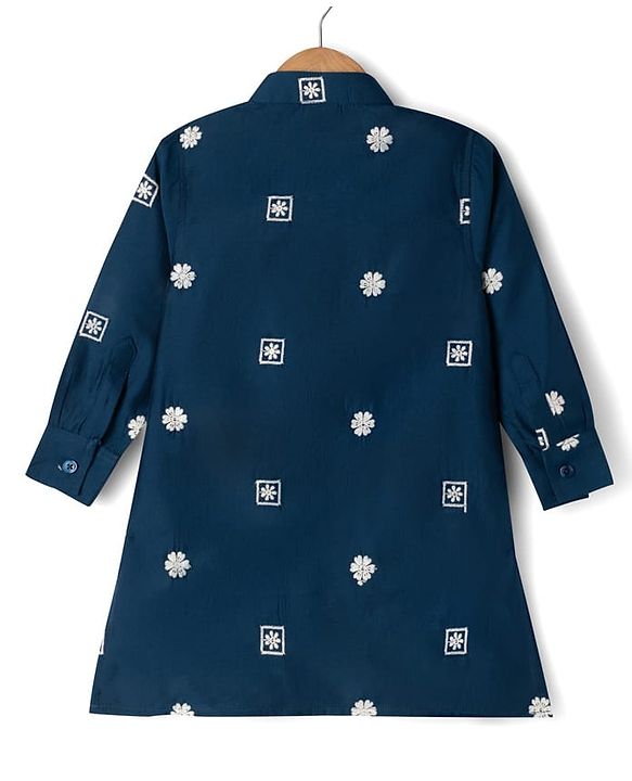 Babyhug Woven Full Sleeves Floral Embroidered Kurta & Pyjama Set With Jacket - Teal Blue