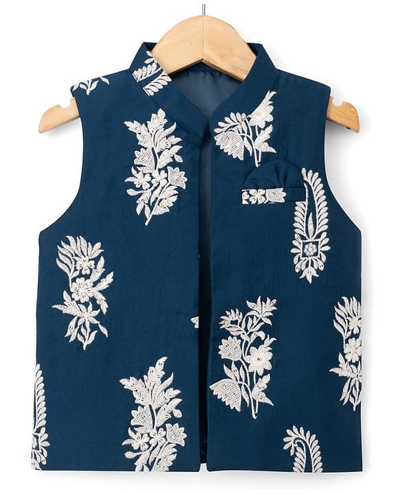 Babyhug Woven Full Sleeves Floral Embroidered Kurta & Pyjama Set With Jacket - Teal Blue