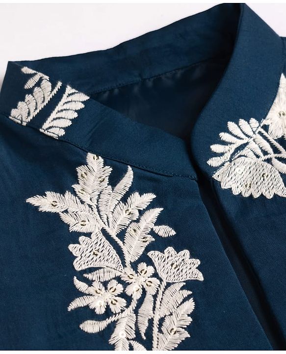 Babyhug Woven Full Sleeves Floral Embroidered Kurta & Pyjama Set With Jacket - Teal Blue