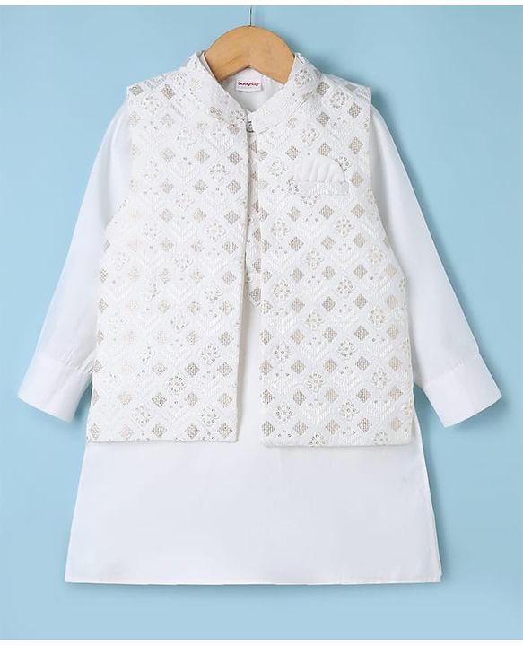 Babyhug Woven Full Sleeves Solid Kurta & Pyjama Set With Floral Sequinned & Embroidered Jacket - White
