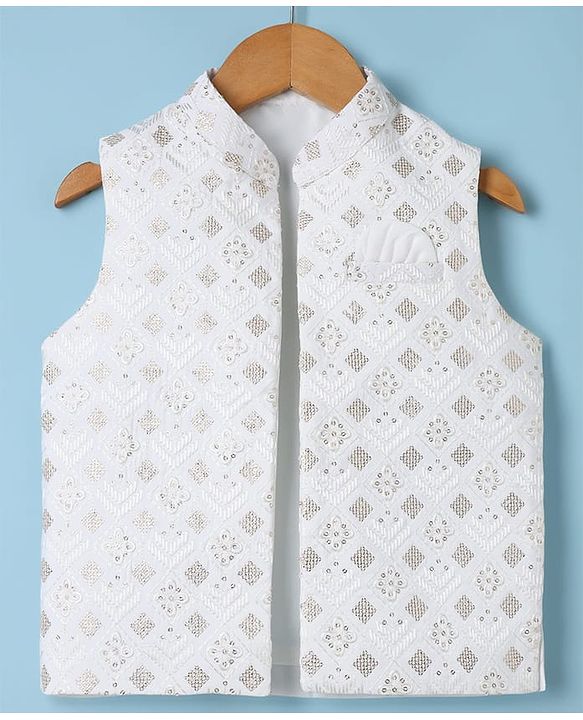 Babyhug Woven Full Sleeves Solid Kurta & Pyjama Set With Floral Sequinned & Embroidered Jacket - White