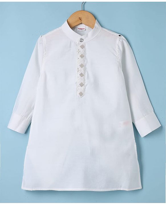 Babyhug Woven Full Sleeves Solid Kurta & Pyjama Set With Floral Sequinned & Embroidered Jacket - White