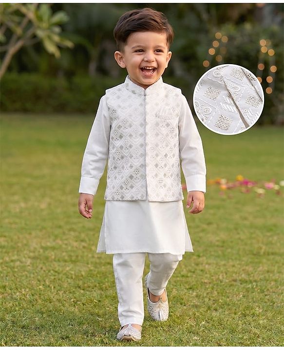 Babyhug Woven Full Sleeves Solid Kurta & Pyjama Set With Floral Sequinned & Embroidered Jacket - White