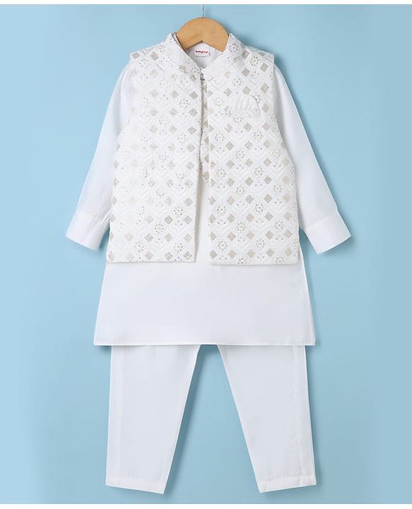 Babyhug Woven Full Sleeves Solid Kurta & Pyjama Set With Floral Sequinned & Embroidered Jacket - White
