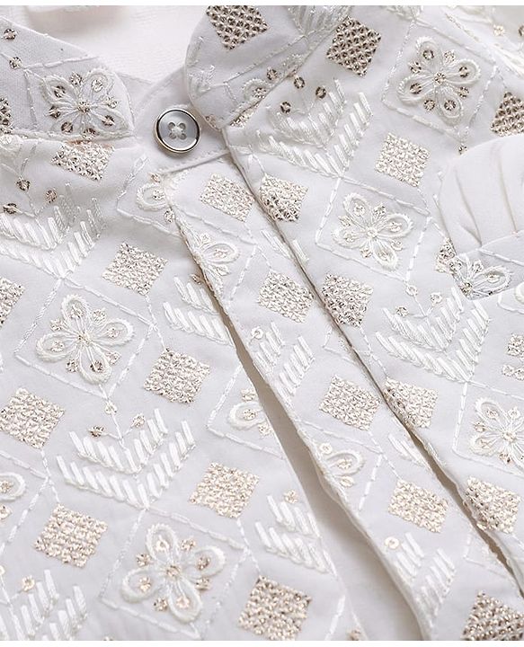 Babyhug Woven Full Sleeves Solid Kurta & Pyjama Set With Floral Sequinned & Embroidered Jacket - White