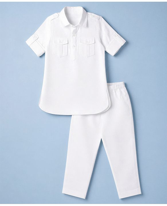 Babyhug Woven Rayon Full Sleeves Solid Pathani Kurta Pyjama Set - White