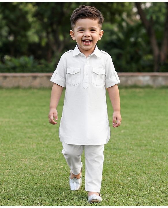 Babyhug Woven Rayon Full Sleeves Solid Pathani Kurta Pyjama Set - White