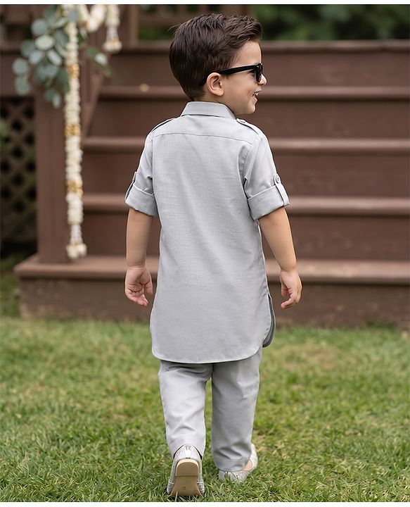 Babyhug Rayon Woven Full Sleeves Solid Pathani Kurta Pyjama Set - Grey