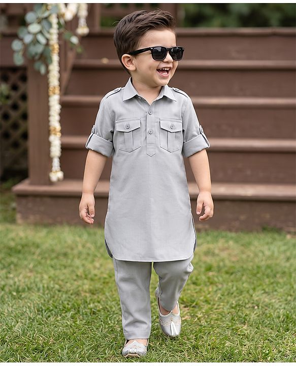 Babyhug Rayon Woven Full Sleeves Solid Pathani Kurta Pyjama Set - Grey