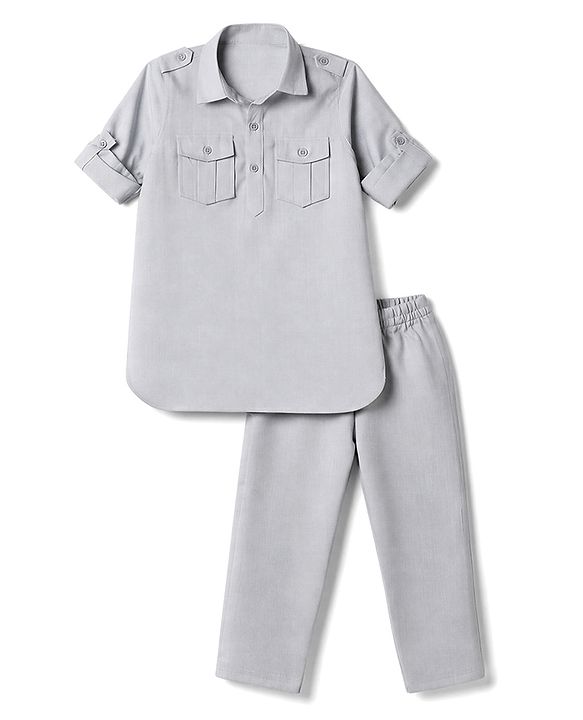 Babyhug Rayon Woven Full Sleeves Solid Pathani Kurta Pyjama Set - Grey