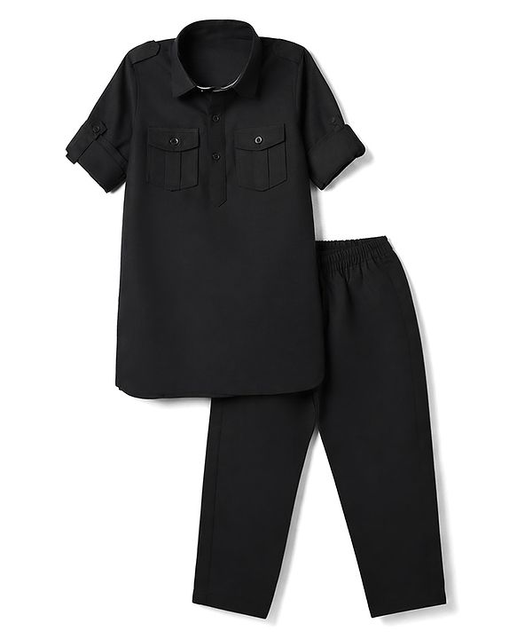 Babyhug Rayon Woven Full Length Solid Pathani Kurta Pyjama Set - Black