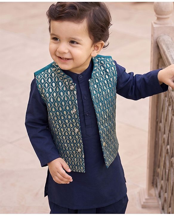 Babyhug Woven Full Sleeves Solid Colour Kurta Dhoti  Set with Sequinned &  Embroidered Jacket - Navy