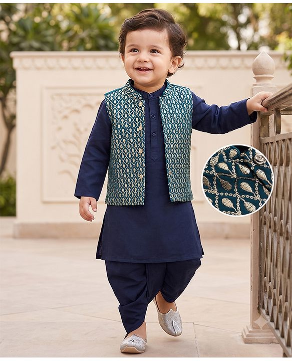 Babyhug Woven Full Sleeves Solid Colour Kurta Dhoti  Set with Sequinned &  Embroidered Jacket - Navy