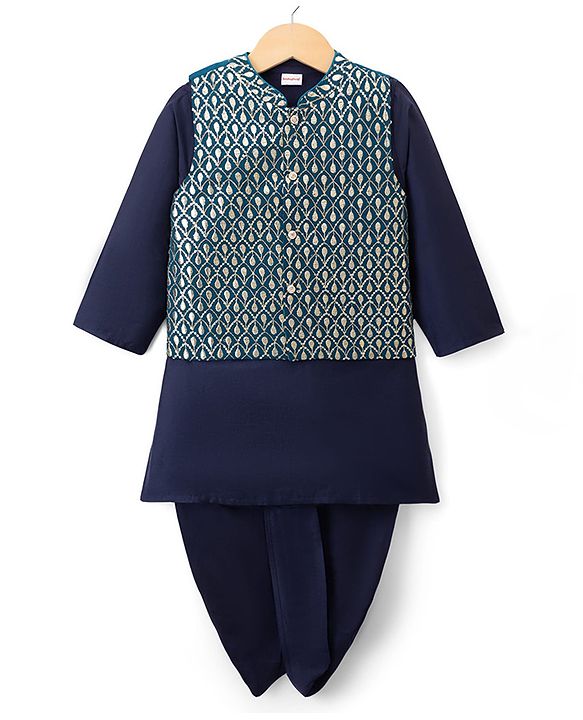 Babyhug Woven Full Sleeves Solid Colour Kurta Dhoti  Set with Sequinned &  Embroidered Jacket - Navy