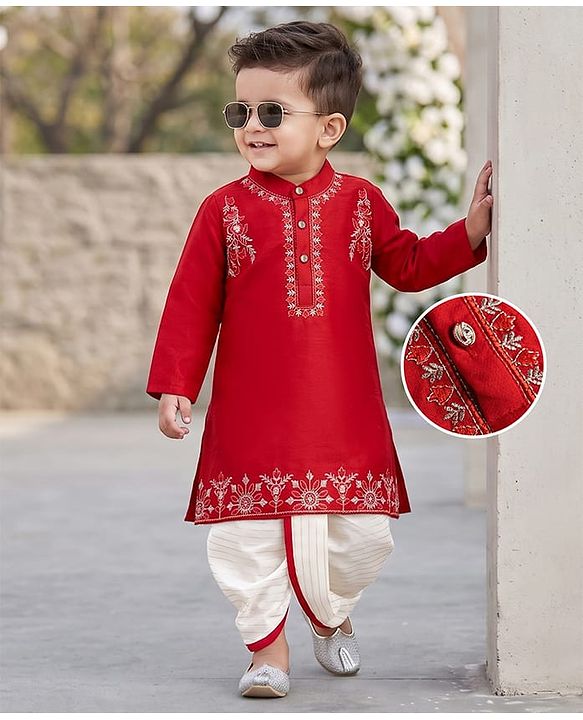 Babyhug Woven Full Sleeves Floral Embroidered Kurta Dhoti Set - Red