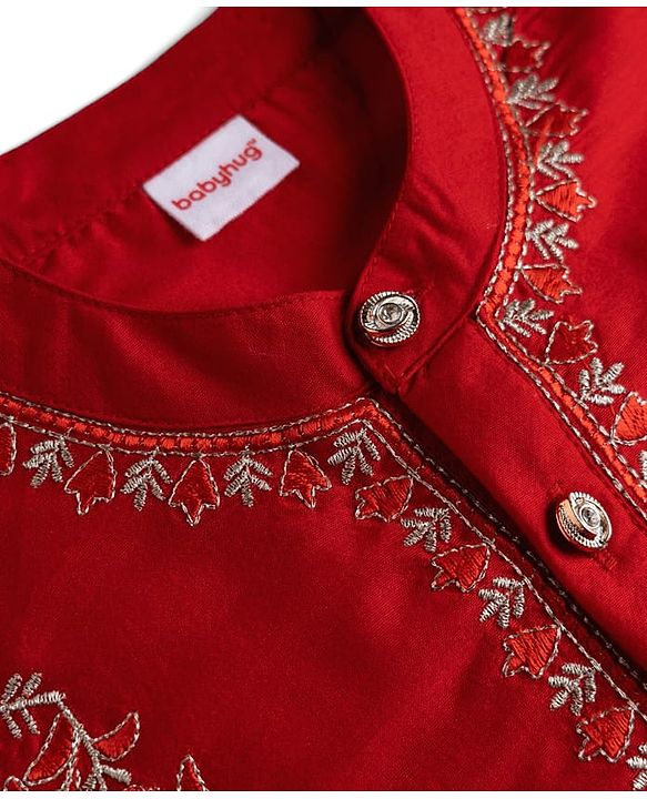 Babyhug Woven Full Sleeves Floral Embroidered Kurta Dhoti Set - Red