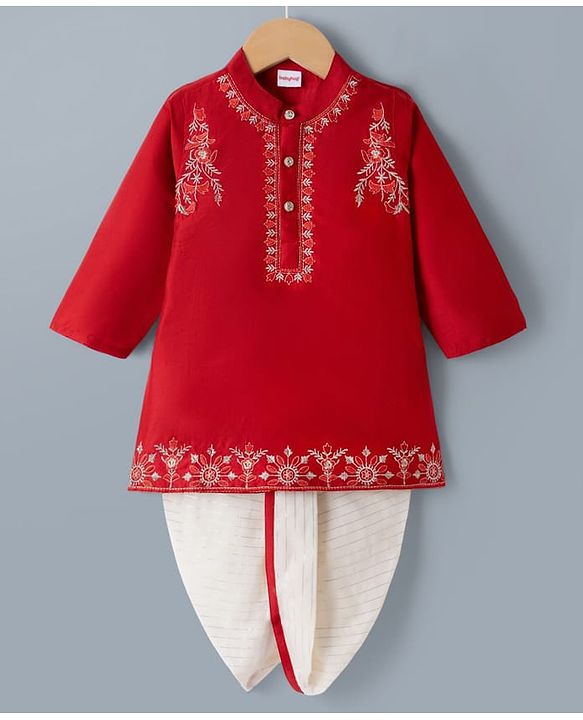 Babyhug Woven Full Sleeves Floral Embroidered Kurta Dhoti Set - Red