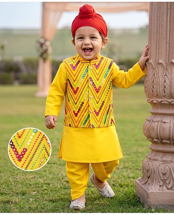 Babyhug Woven Full Sleeves Solid Dhoti Kurta Set With Mirror Embroidered Jacket - Yellow