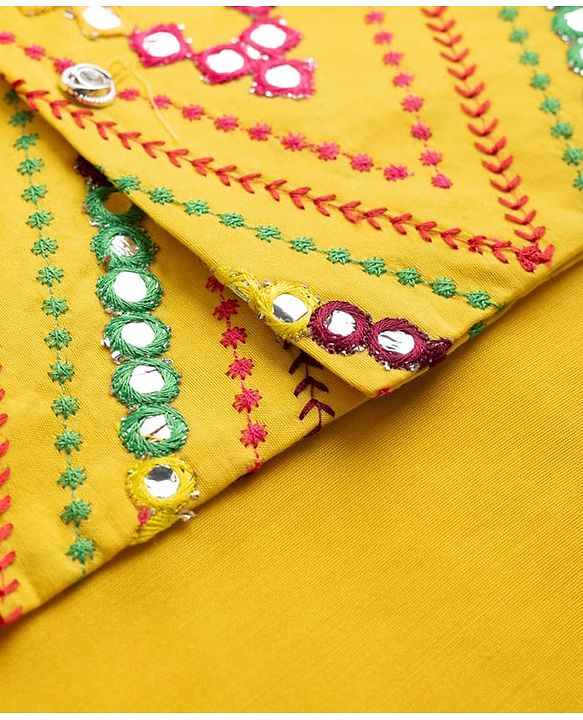 Babyhug Woven Full Sleeves Solid Dhoti Kurta Set With Mirror Embroidered Jacket - Yellow
