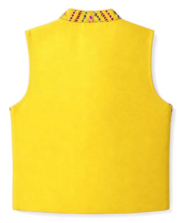 Babyhug Woven Full Sleeves Solid Dhoti Kurta Set With Mirror Embroidered Jacket - Yellow