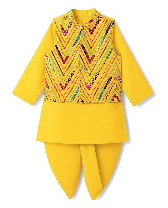 Babyhug Woven Full Sleeves Solid Dhoti Kurta Set With Mirror Embroidered Jacket - Yellow