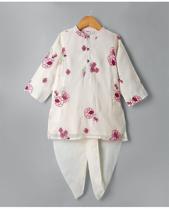Babyhug Chanderi Woven Full Sleeves Floral Embroidered Dhoti Kurta Set - Off White