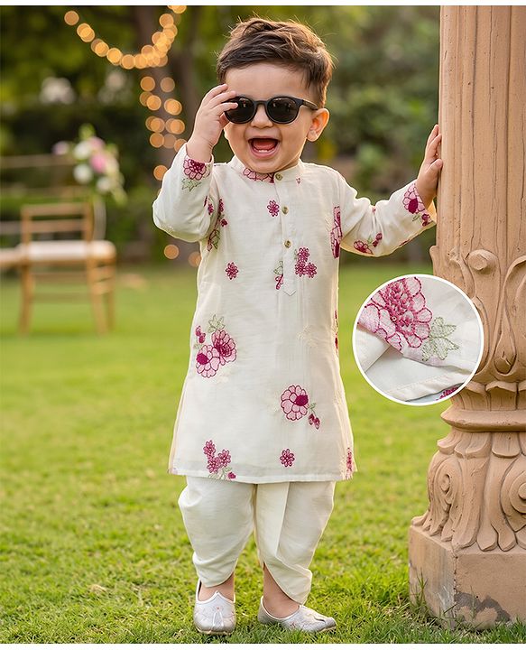 Babyhug Chanderi Woven Full Sleeves Floral Embroidered Dhoti Kurta Set - Off White