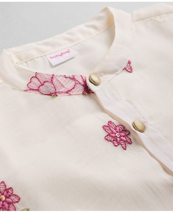 Babyhug Chanderi Woven Full Sleeves Floral Embroidered Dhoti Kurta Set - Off White