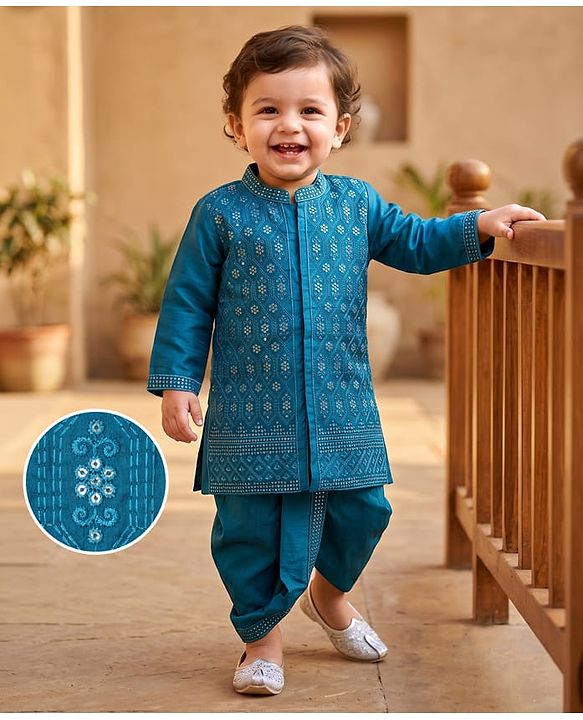 Babyhug Woven Full Sleeves Floral Sequinned Kurta & Dhoti Set - Teal Blue