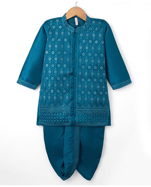 Babyhug Woven Full Sleeves Floral Sequinned Kurta & Dhoti Set - Teal Blue