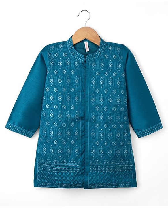 Babyhug Woven Full Sleeves Floral Sequinned Kurta & Dhoti Set - Teal Blue