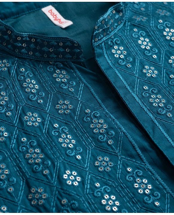 Babyhug Woven Full Sleeves Floral Sequinned Kurta & Dhoti Set - Teal Blue