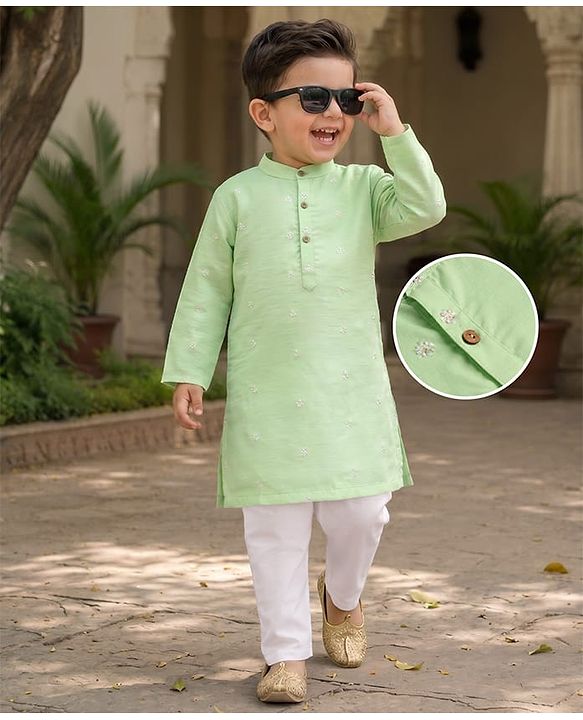 Babyhug Woven Full Sleeves Floral Embroidered Kurta Pajama Set - Light Green
