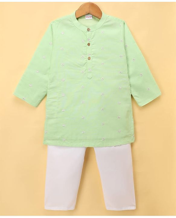 Babyhug Woven Full Sleeves Floral Embroidered Kurta Pajama Set - Light Green