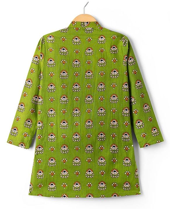 Pine Kids Cotton Woven Full Sleeves Floral Printed Kurta - Olive Green