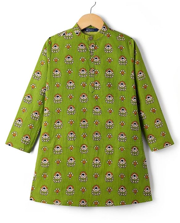 Pine Kids Cotton Woven Full Sleeves Floral Printed Kurta - Olive Green