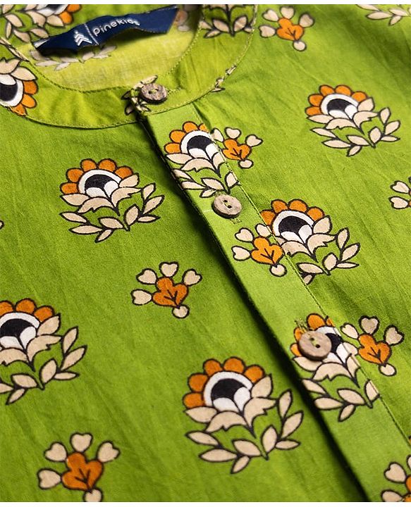 Pine Kids Cotton Woven Full Sleeves Floral Printed Kurta - Olive Green