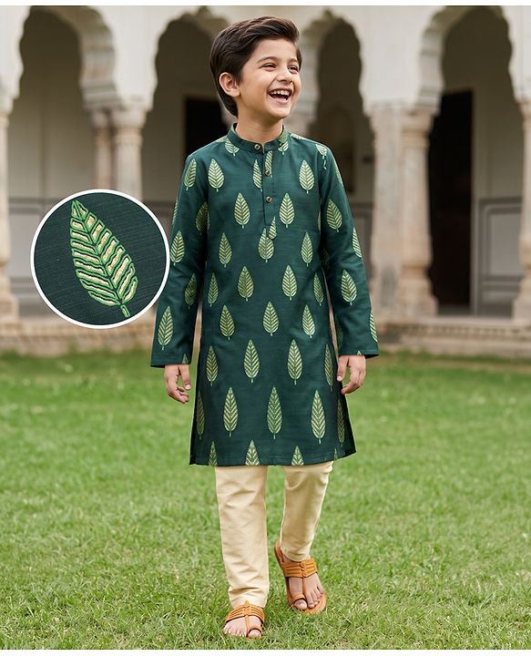 Pine Kids Woven Full Sleeves Kurta Pyjama Set With Leaf Embroidery - Green