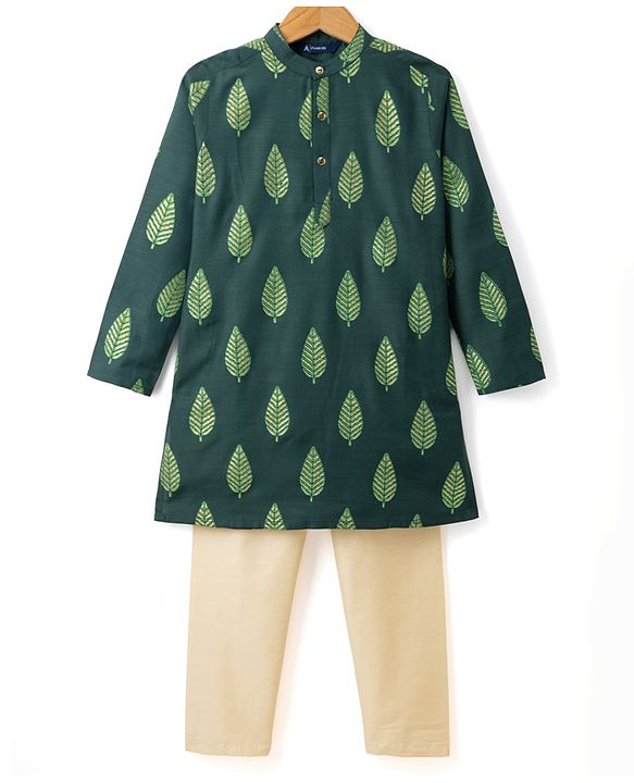 Pine Kids Woven Full Sleeves Kurta Pyjama Set With Leaf Embroidery - Green
